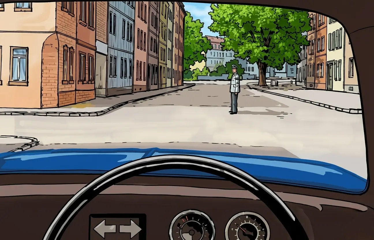 Driver's view approaching a crossroads regulated by police
